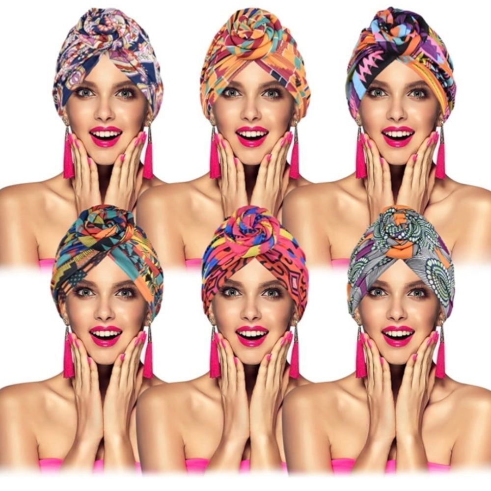 Printed 6 Pieces African Head Wraps for Women, Pre-Tied Turban Bonnet Beani…​​